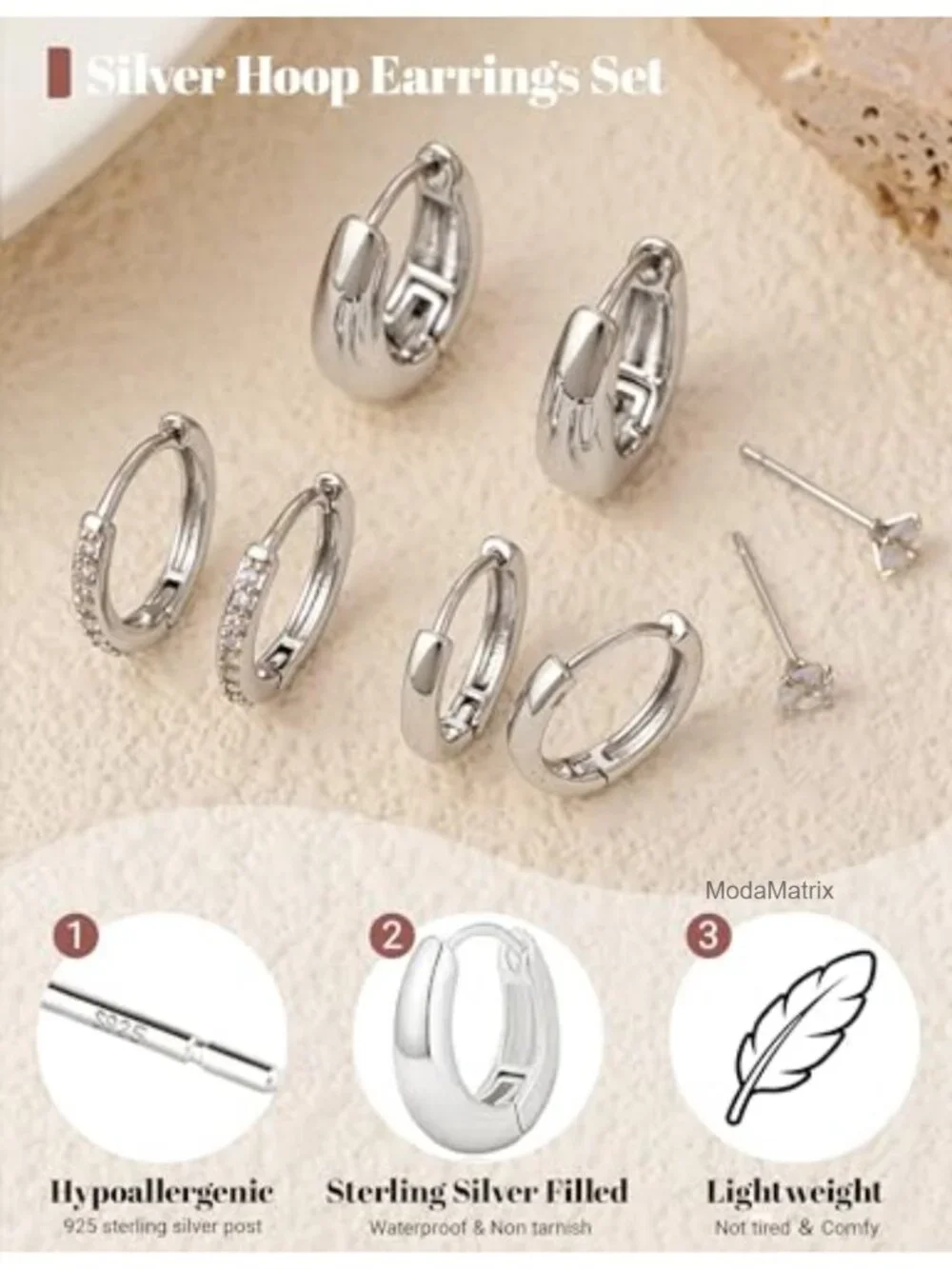 4 Pair Silver Hoop Stud Earring Set Hypoallergenic Sterling Silver Dainty